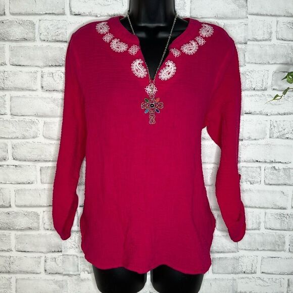 Ruby Rd boho top, red with white cruelwork detail, 100% cotton Size Medium - Picture 1 of 6